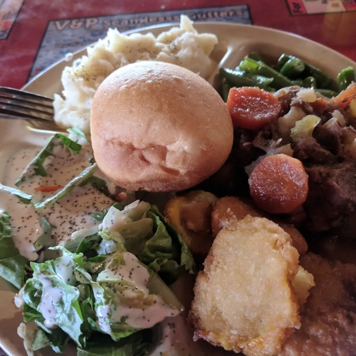 Roast Beef Mashed Potatoes Green Beans Salad Fried Squash