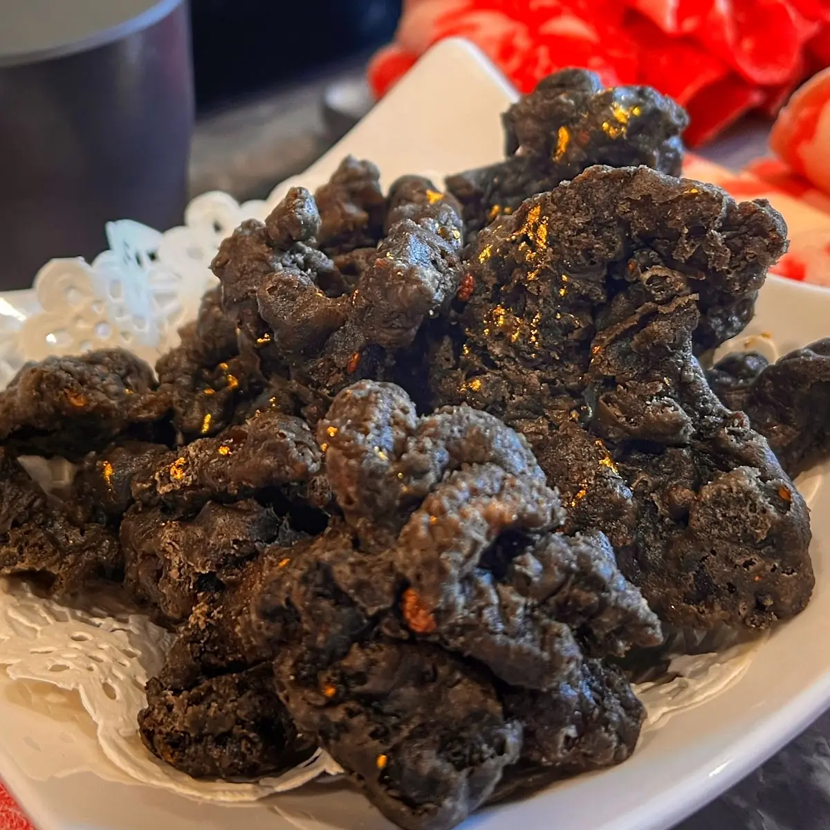Squid Ink Fried Pork with Gold Flakes