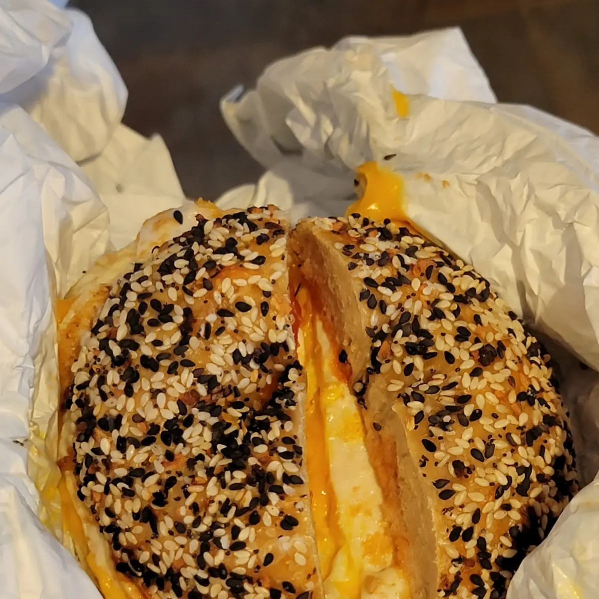 Turkey with Two Eggs and Cheddar Cheese on Everything Bagel