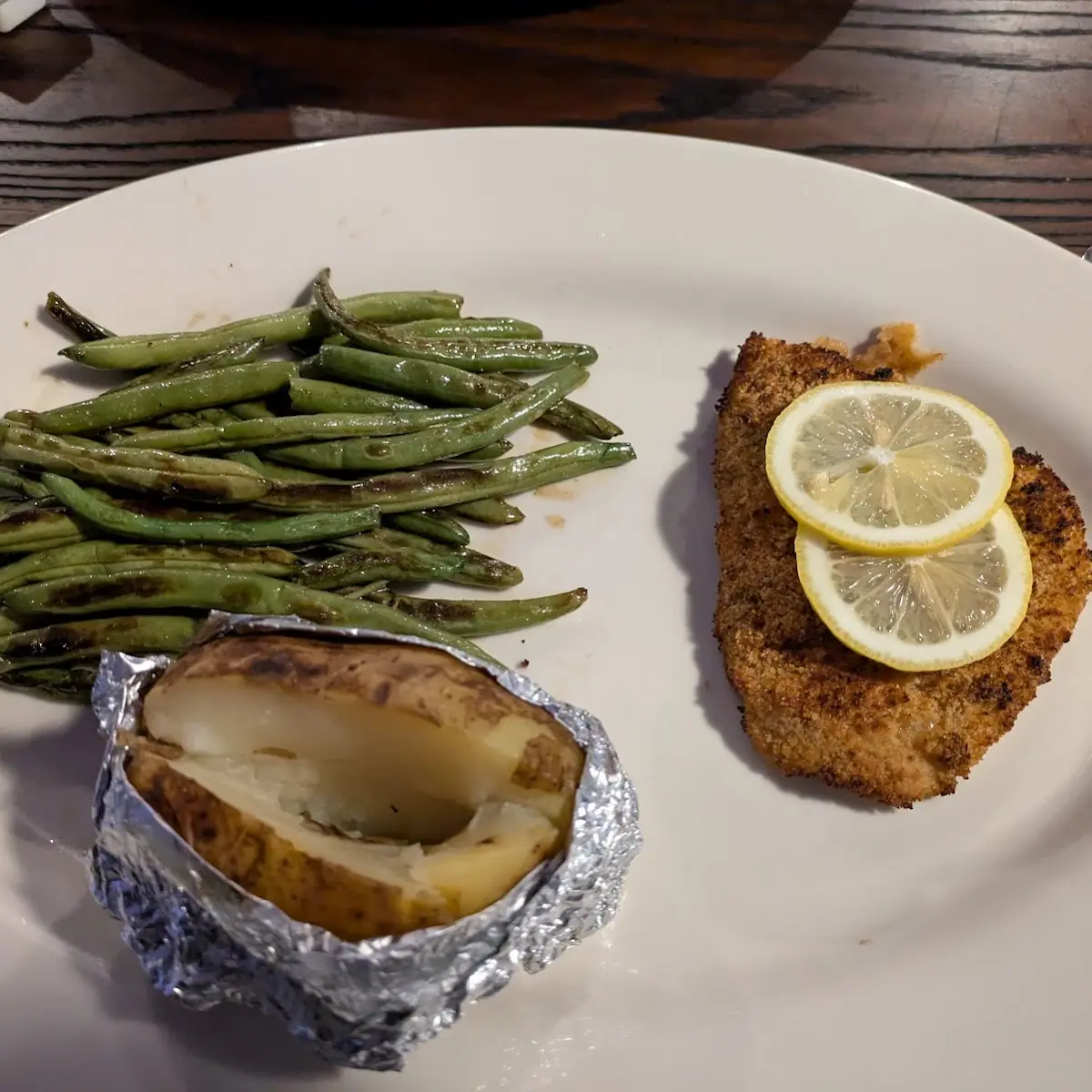 Baked Fish Baked Potato and Green Beens