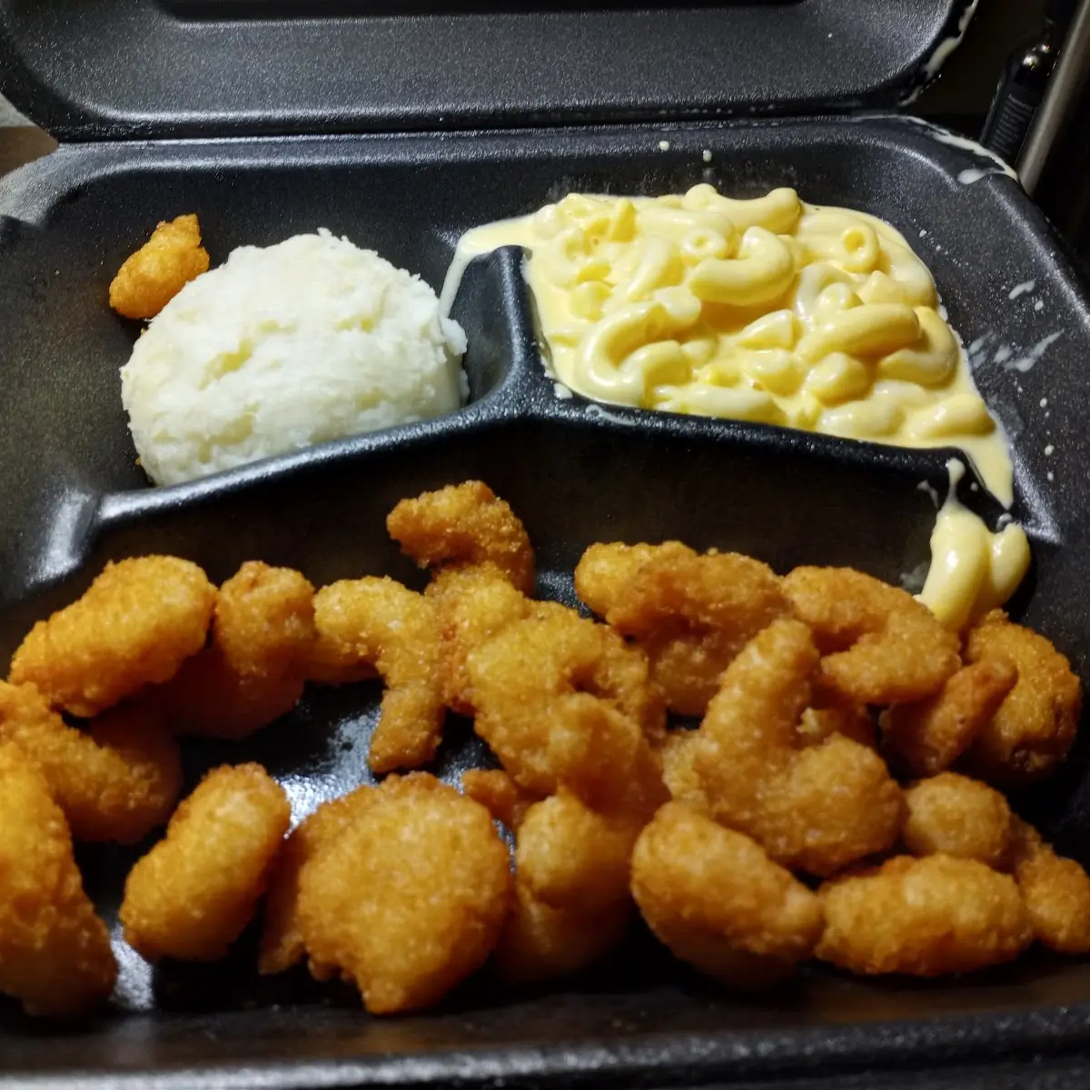 Poppable Shrimp w Mashed Potatoes and Mac and Cheese