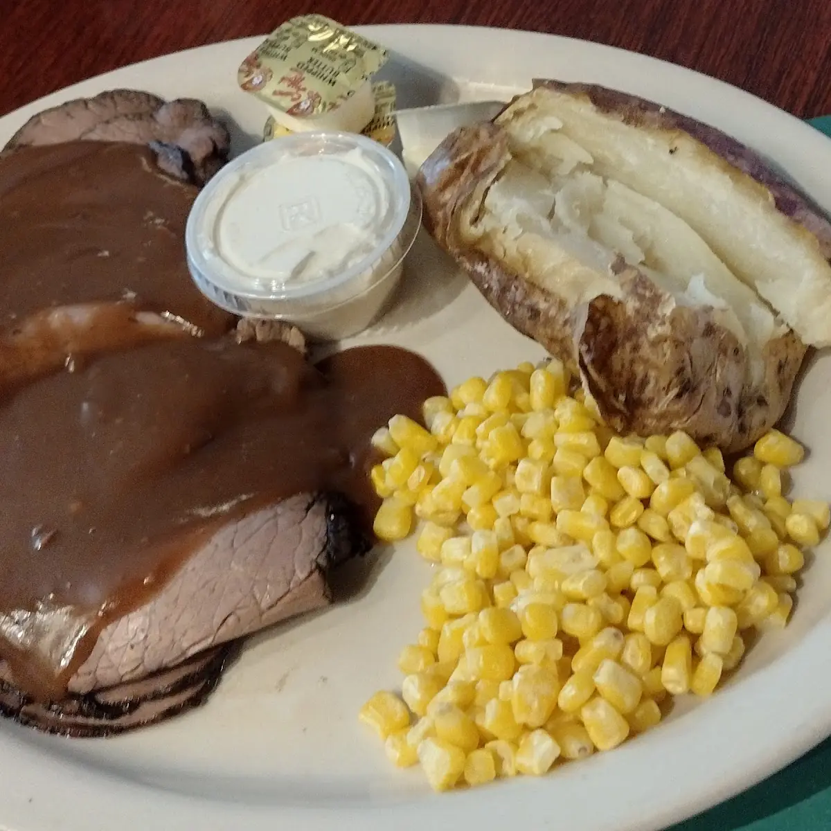 Roast Beef Baked Potato and Corn