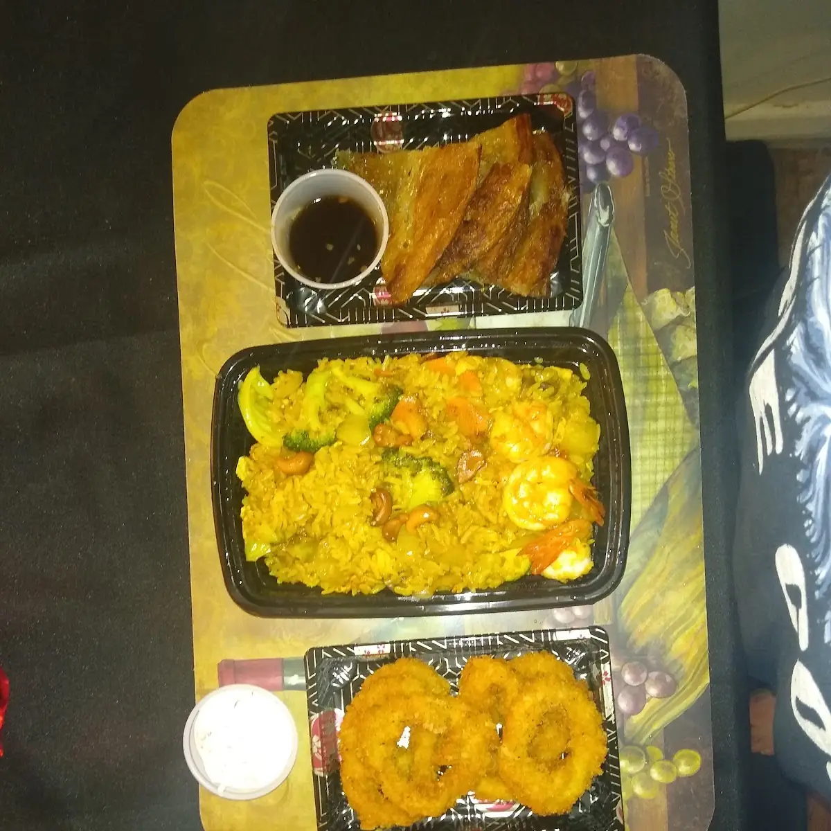 Pineapple Fried Rice with Shrimp Crispy Calamari and Scallion Pancakes