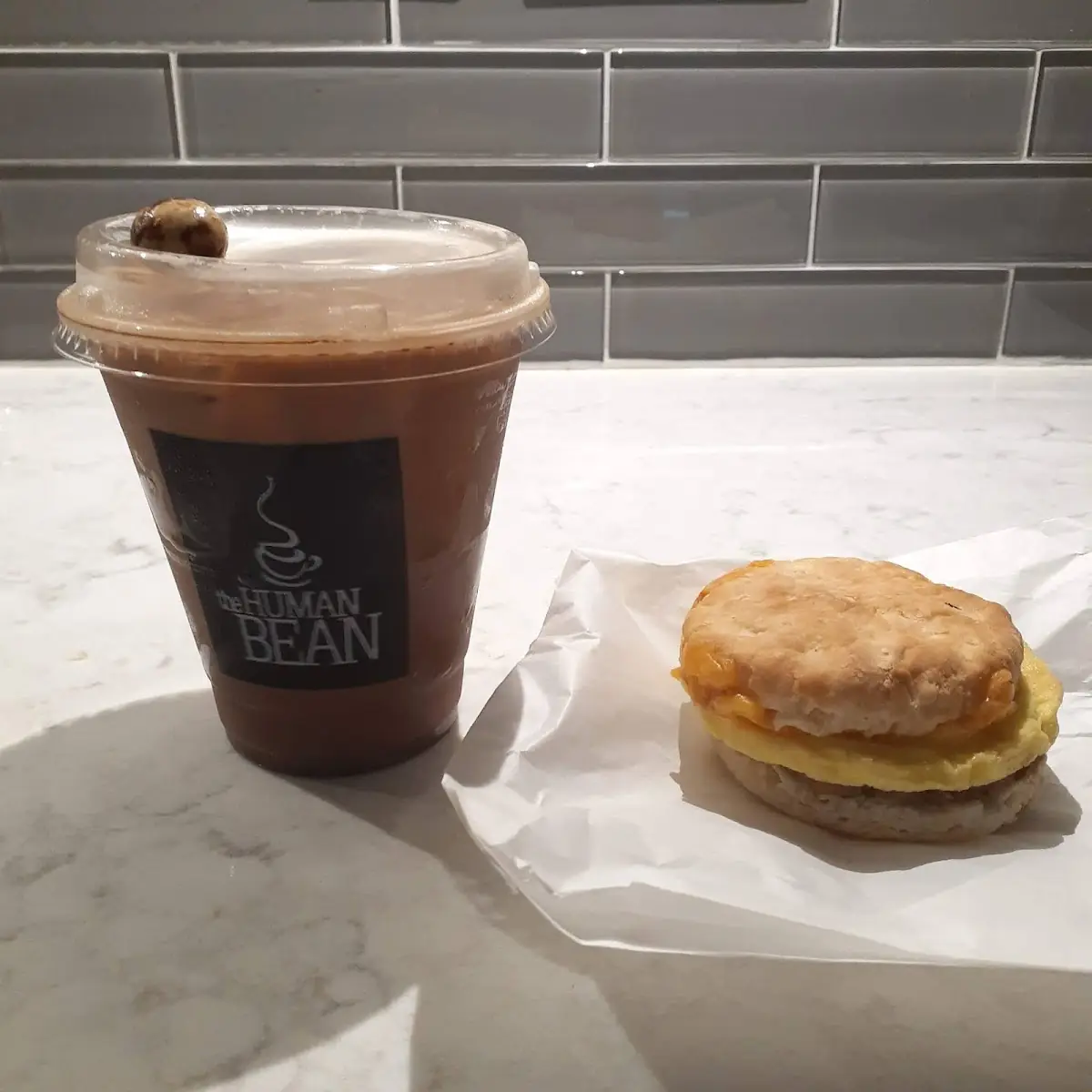 Egg and Sausage Biscuit and Latte