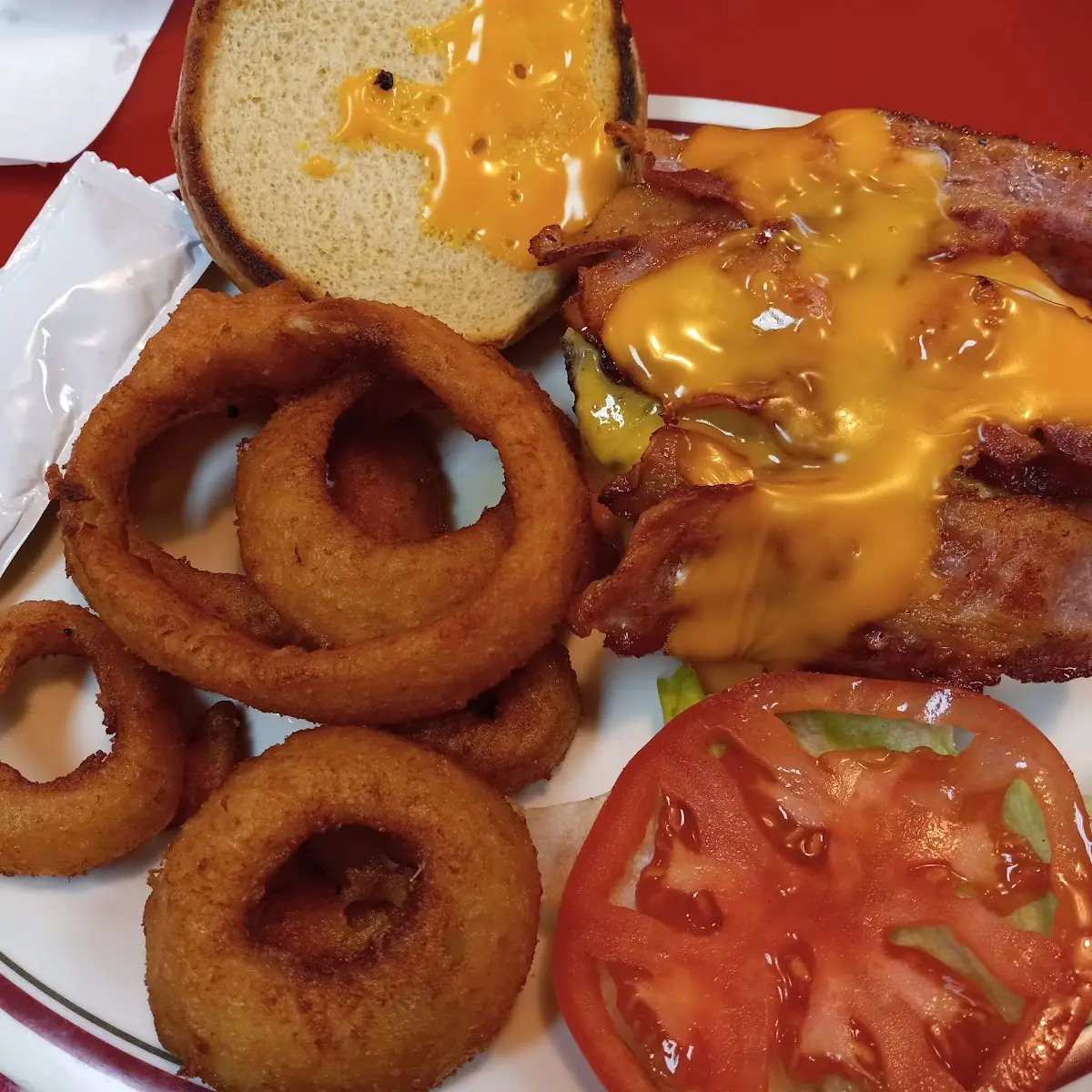 Mega Bacon Burger with Onion Rings