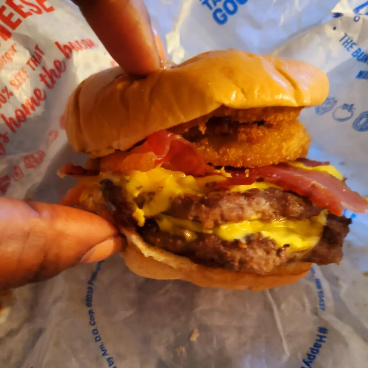 Double Stack Burger with A1 Onion Rings Bacon