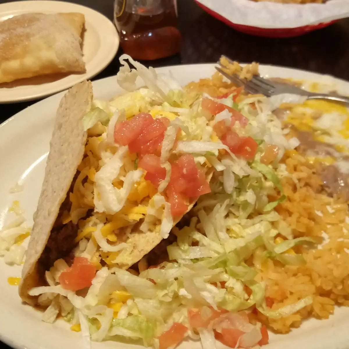 Tacos Rice and Refried Beans and Cheese
