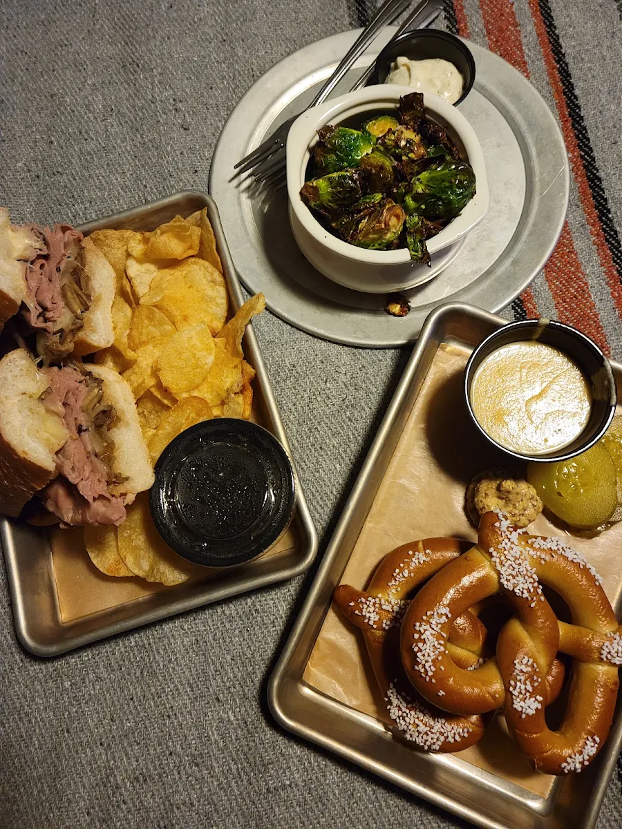 French Dip Brussels and Pretzel with Beer Cheese