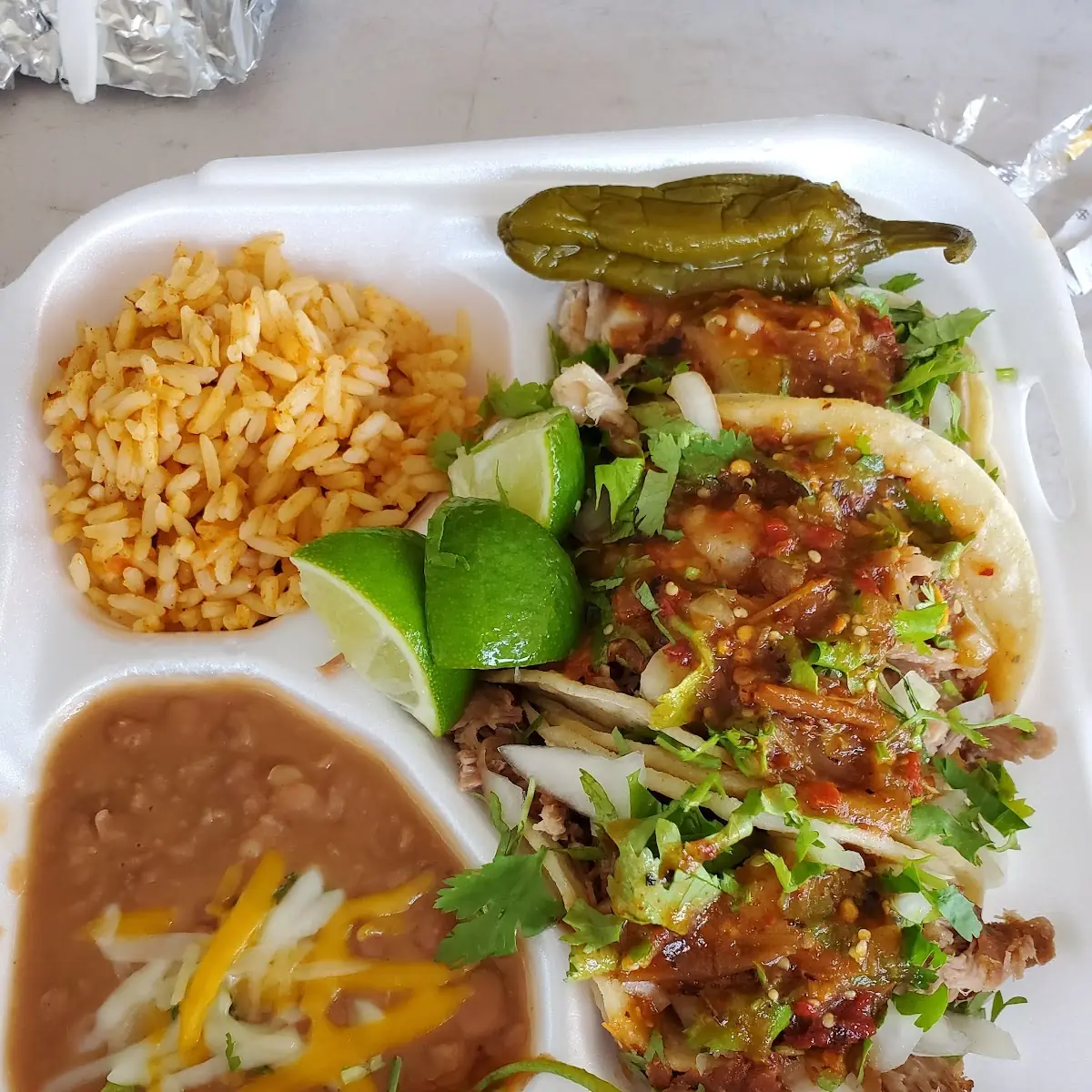 Pork Carnitas Tacos Rice & Beans