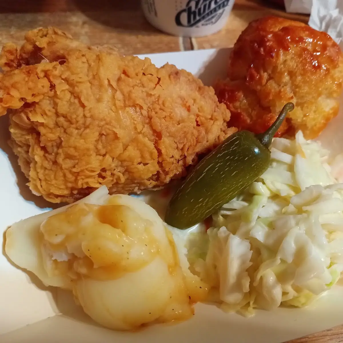 Crispy Chicken with Mashed Potatoes and Coleslaw and Biscuit