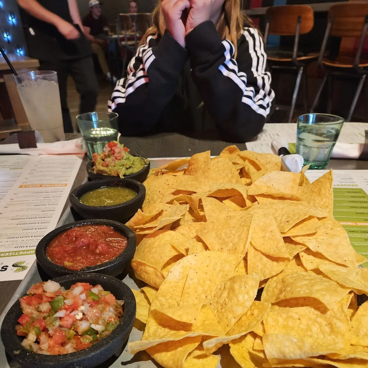 Chips & Salsa Flight Salsa Verde Roasted Red Salsa White Queso Dip & Guacamole