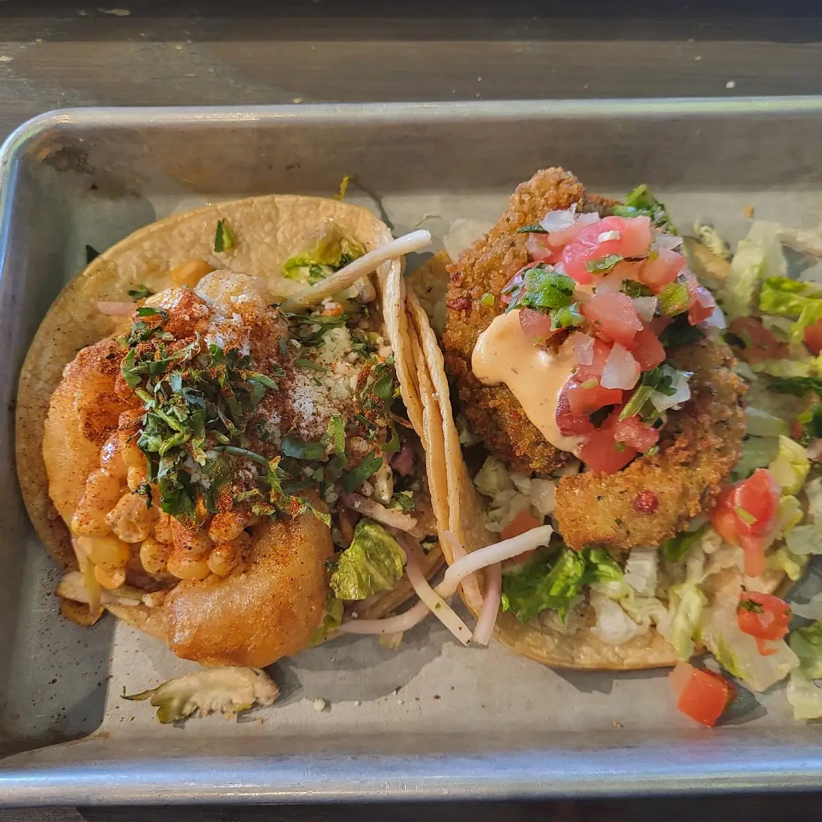 Left Crispy Shrimp&Street Corn Taco Right Fried Avocado Taco