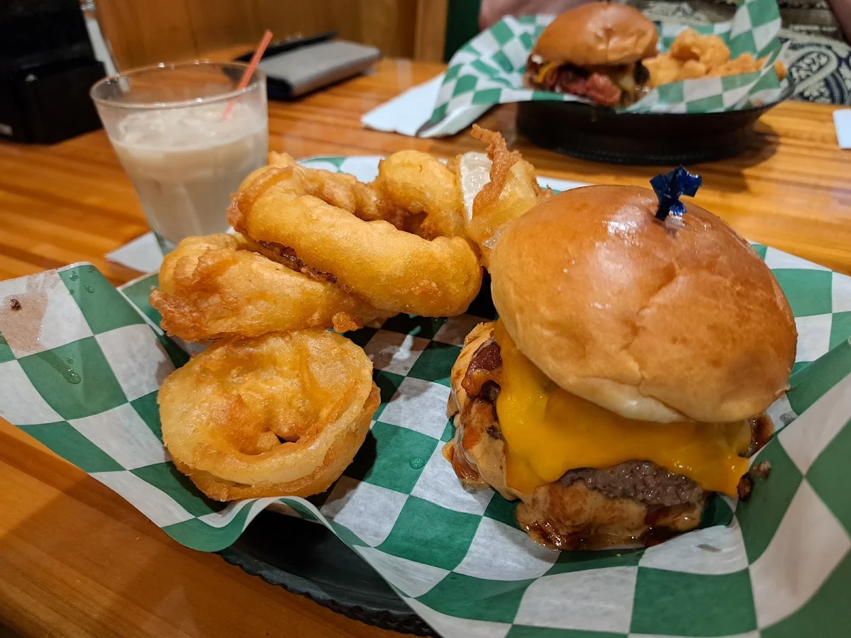 Sticky Burger and Onion Rings