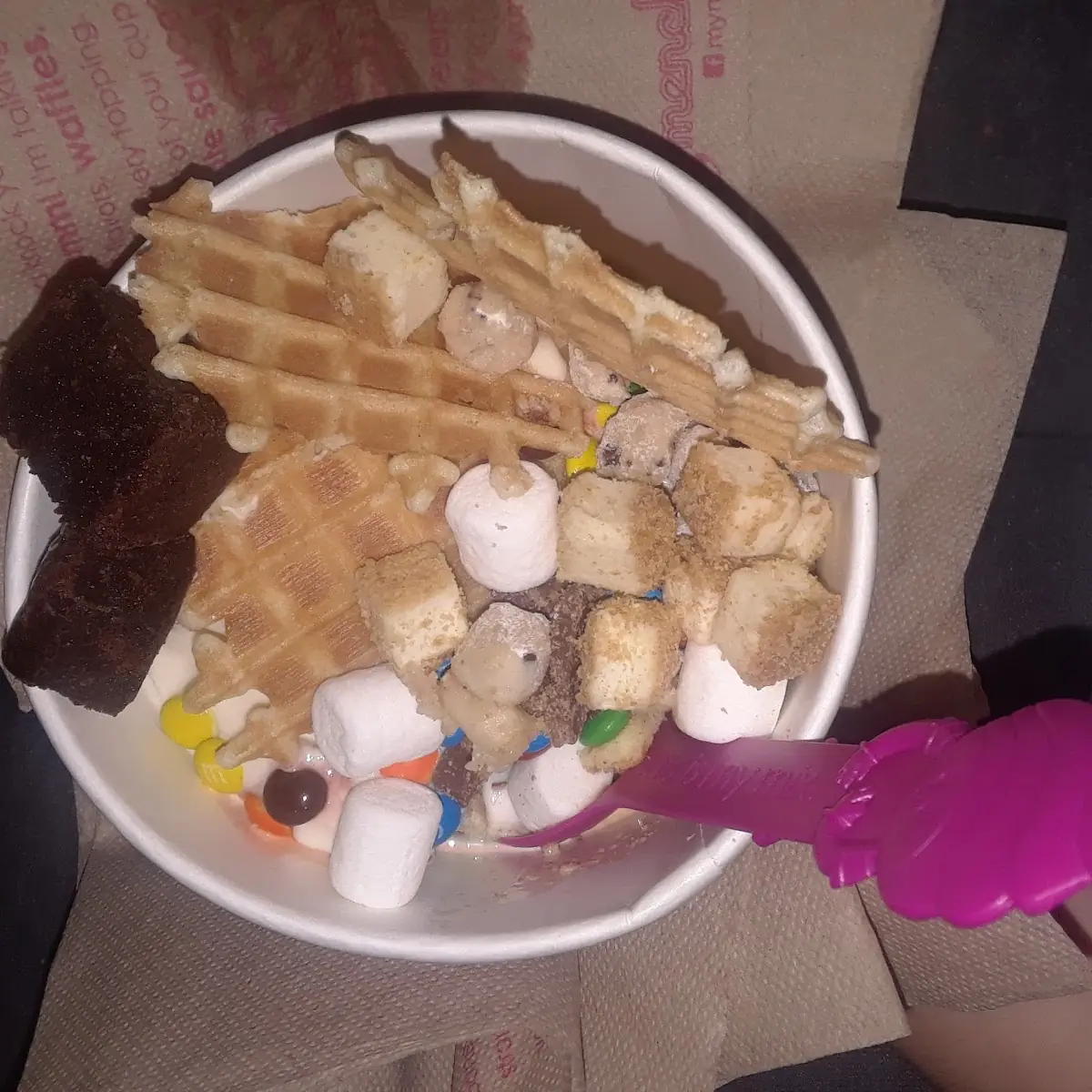 Added Mixed-Ins Waffles Brownies Cheesecake Bites Mini Marshmallows Cookie Dough and Mini M&M's