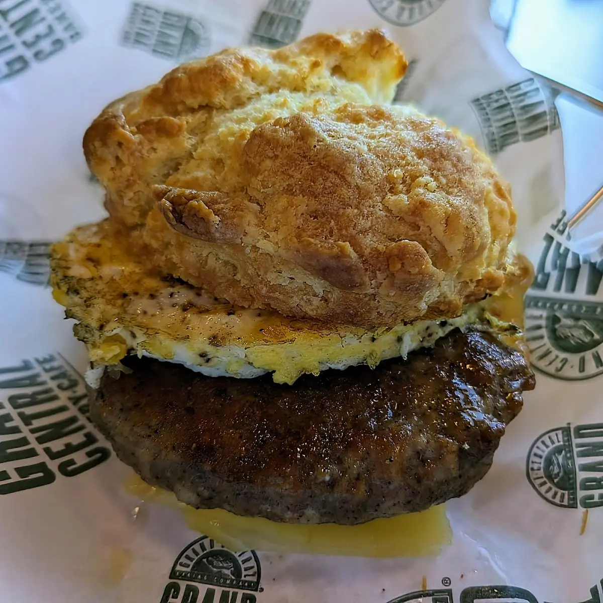 Egg and Sausage Biscuit Sandwich with Cheddar Cheese