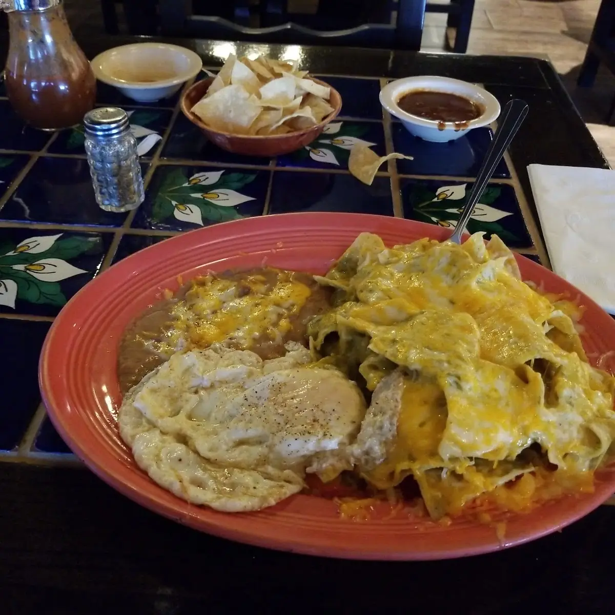 Chilaquiles Rojos with Eggs over Easy