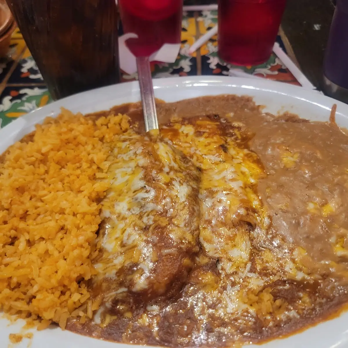 Green Chicken Enchiladas Rice and Beans