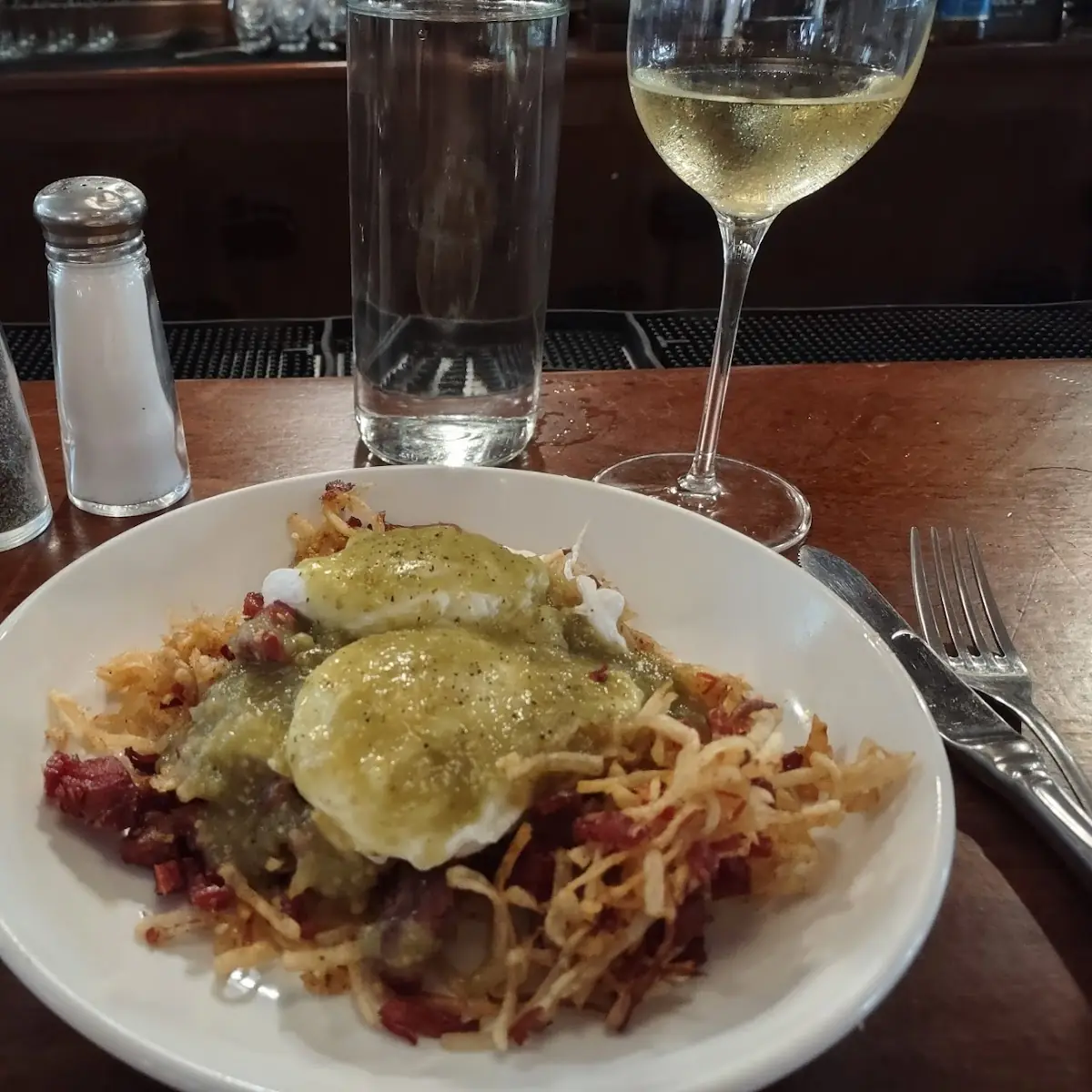 Corned Beef Hash with Poached Eggs and Tomatillo Salsa