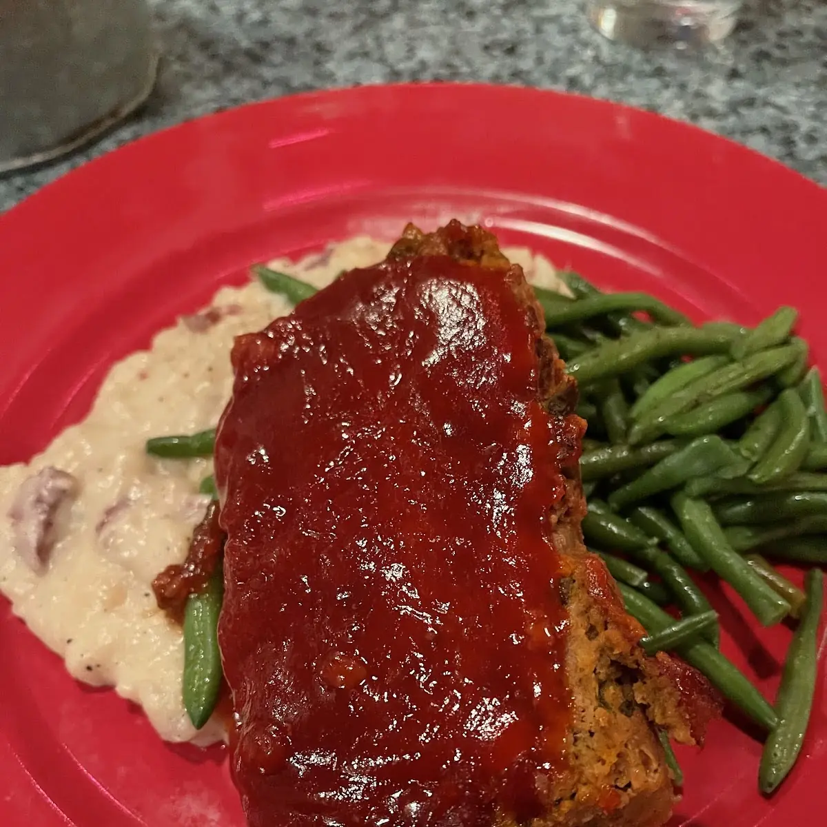 Meatloaf over Mashed Potatoes and Green Beans