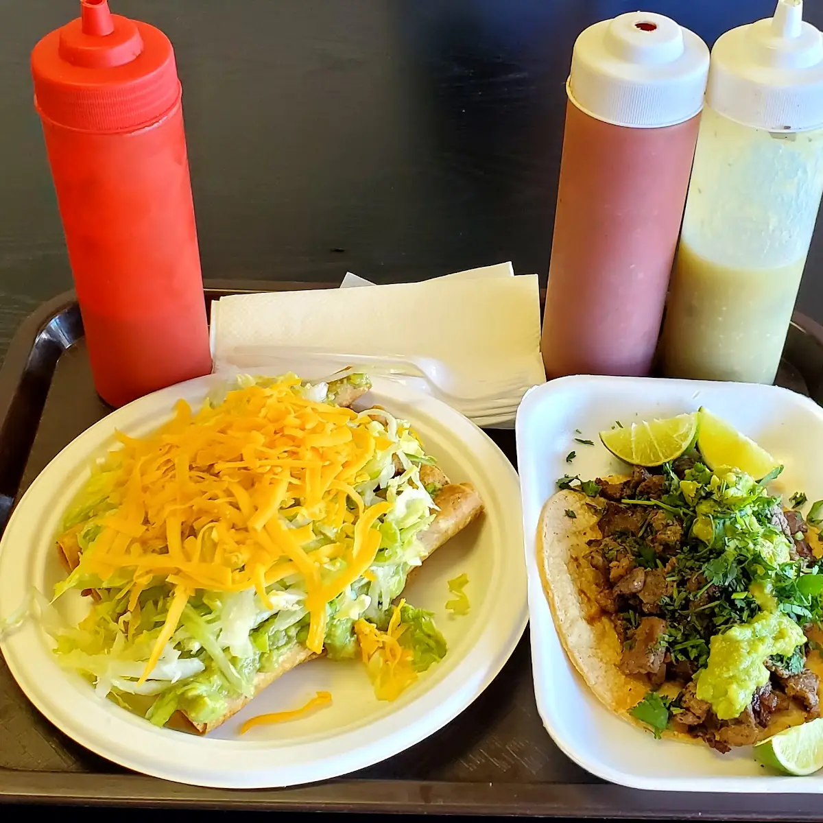 5 Rolled Beef Tacos Carne Asada Taco and Salsa Bottles