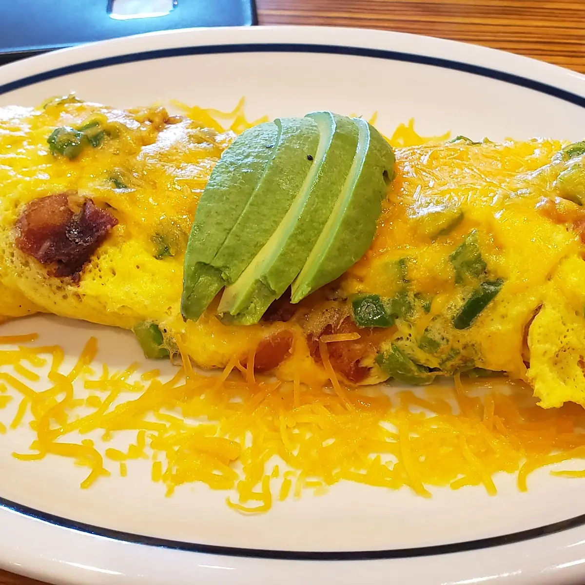 Bacon Cheese Omelette Added Avacado with Pancakes