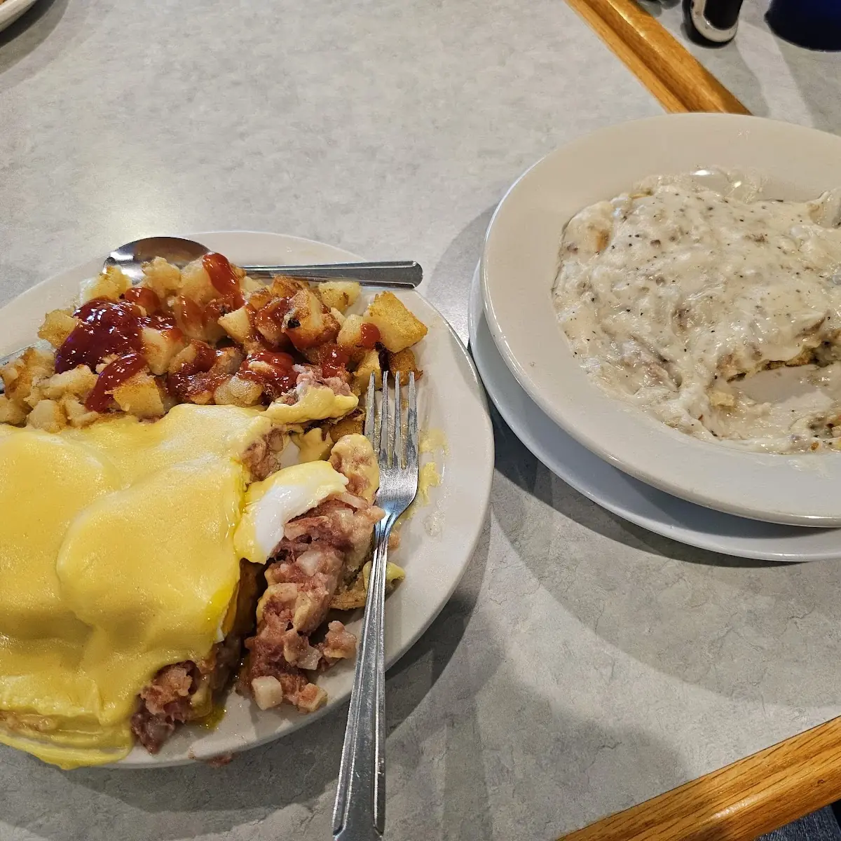 Hash Benedict & Country Style Sausage Gravy over Biscuit