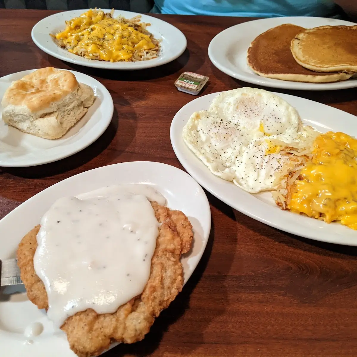 Grits Pancakes Eggs and Coffee