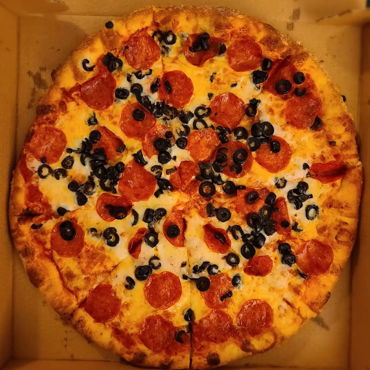 Pepperoni Pizza with Black Olives