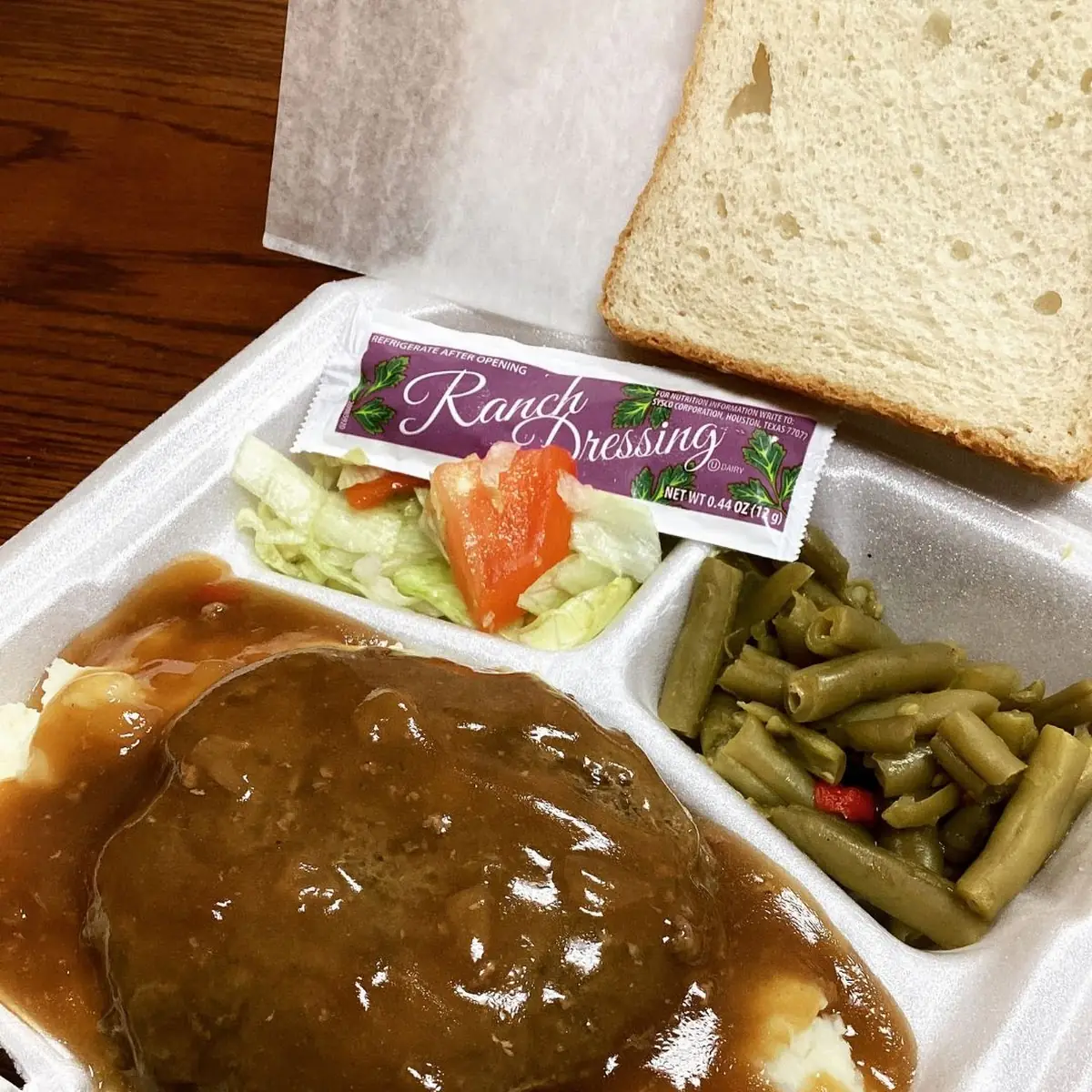 Monday May 18 Hamburger Steak with Mashed Potatoes Green Beans and Salad