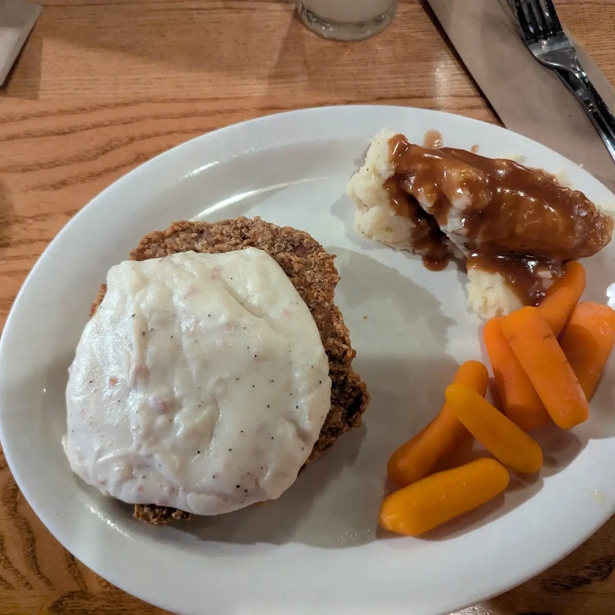 Chicken Fried Chicken with Mashed Potatoes and Gravy and Carrots