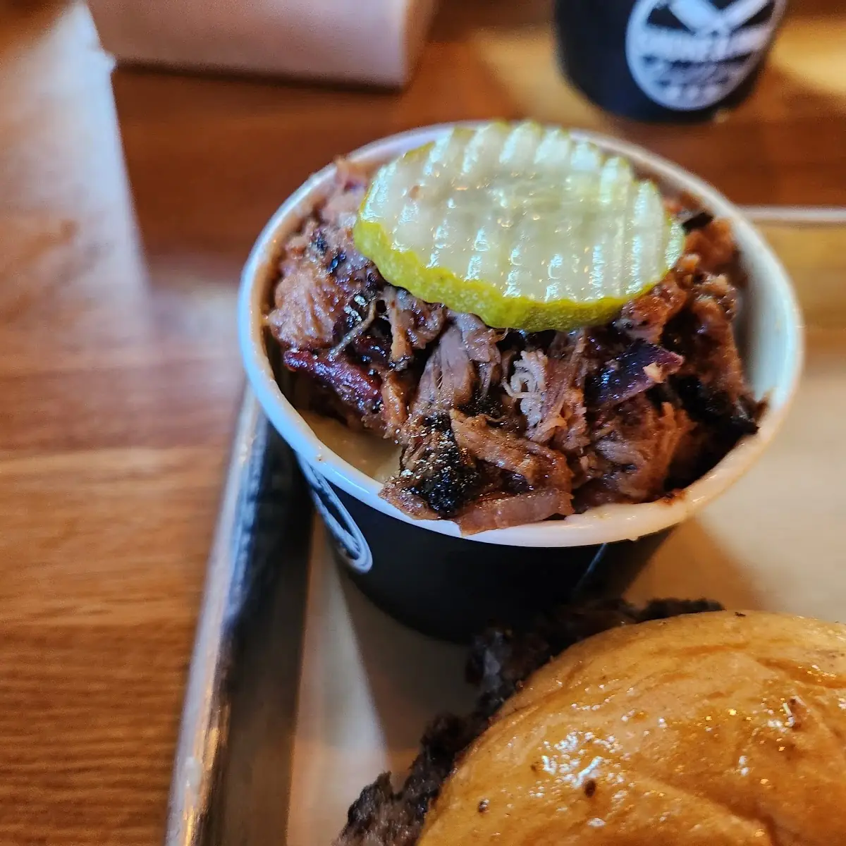 Sample Mac & Cheese with Brisket Pieces & Pickle