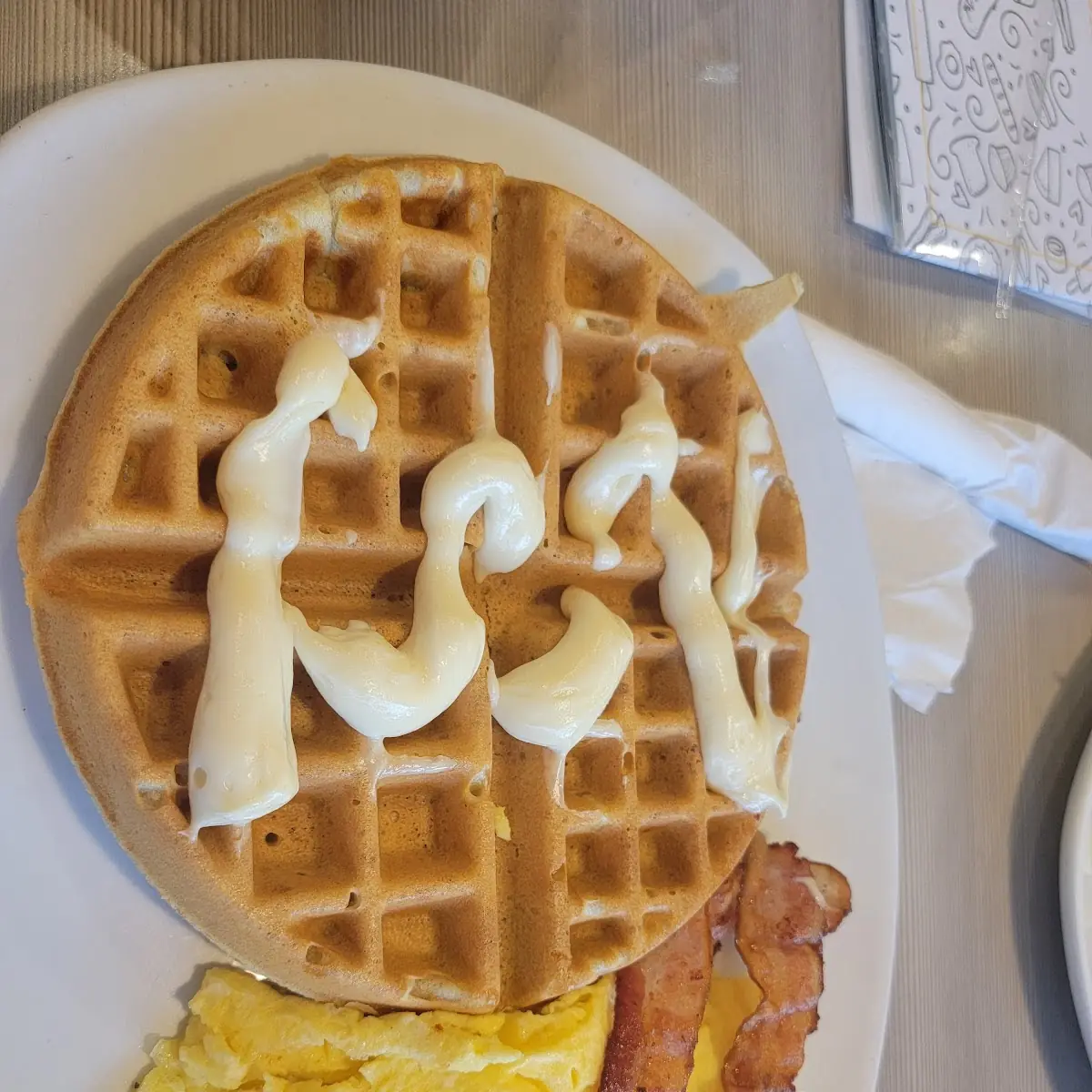 Combo Waffle with Cream Cheese Scrambled Eggs and Bacon