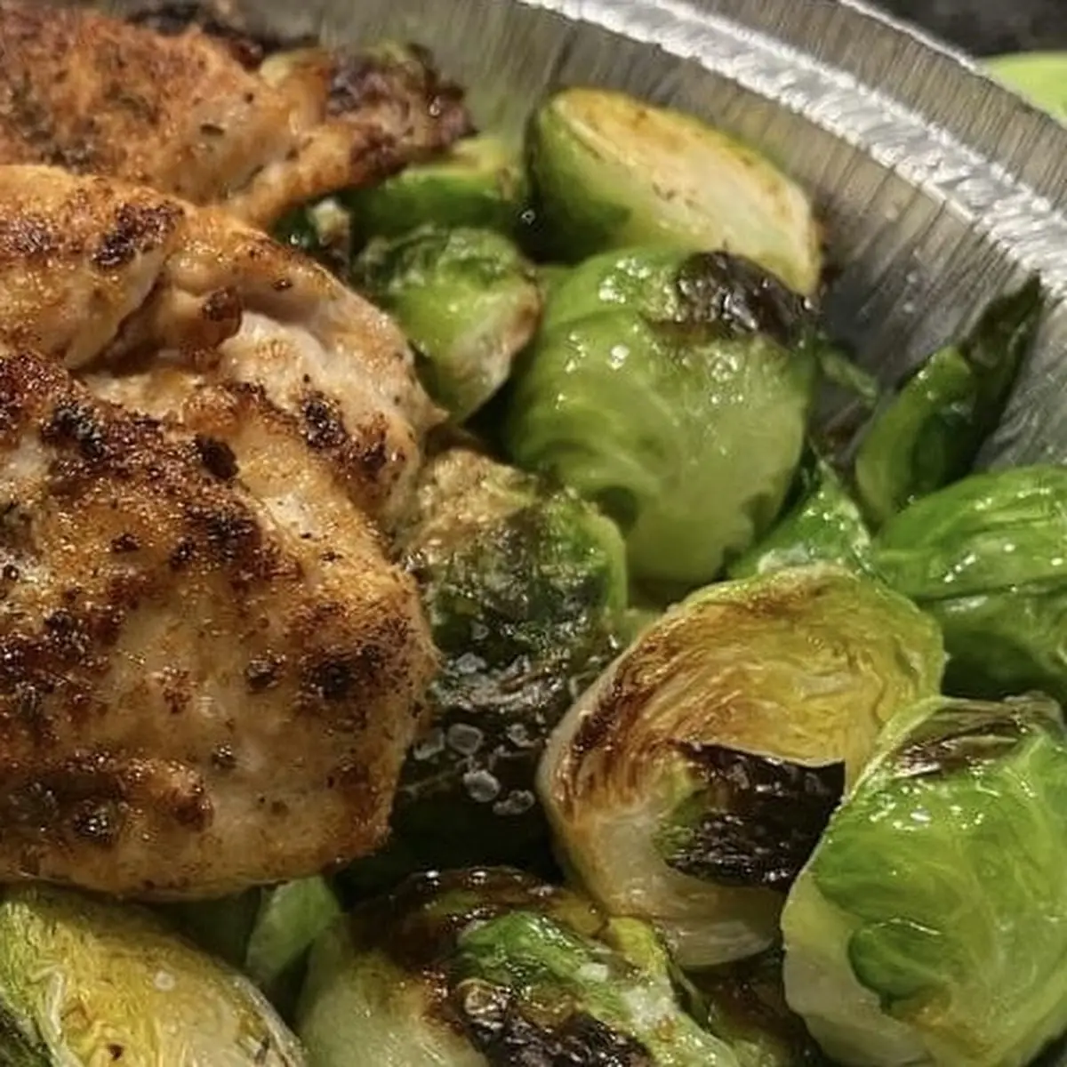 Blackened Chicken & Brussel Sprout's with Crumbled Bleu Cheese Pecans & Drizzled with Hot Honey
