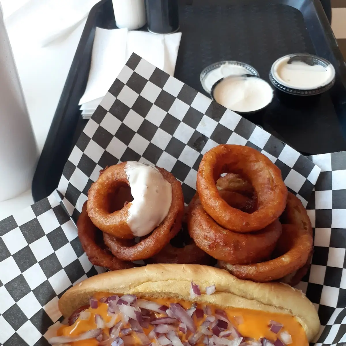 Cheese Dog with Onion Rings
