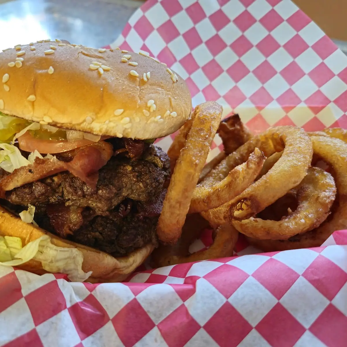 Double Bacon Burger and Onion Rings