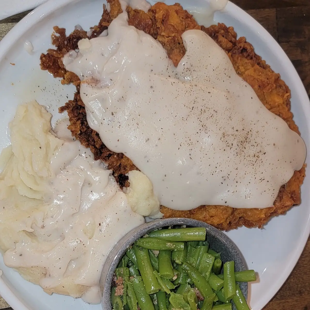 Chicken Fried Steak Mashed Potatoes and Gravy with Green Beans