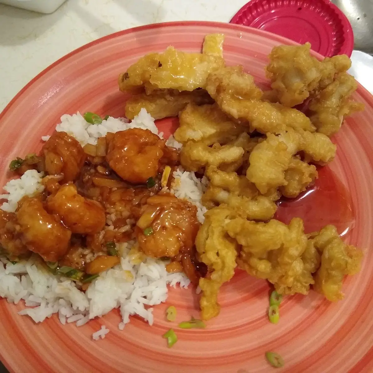 Prawns a Latsingtao Lemon Chicken