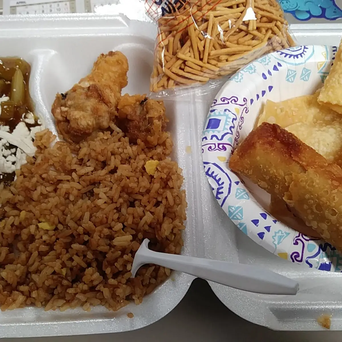 Chicken Chow Mein with Fried Rice and Egg Roll