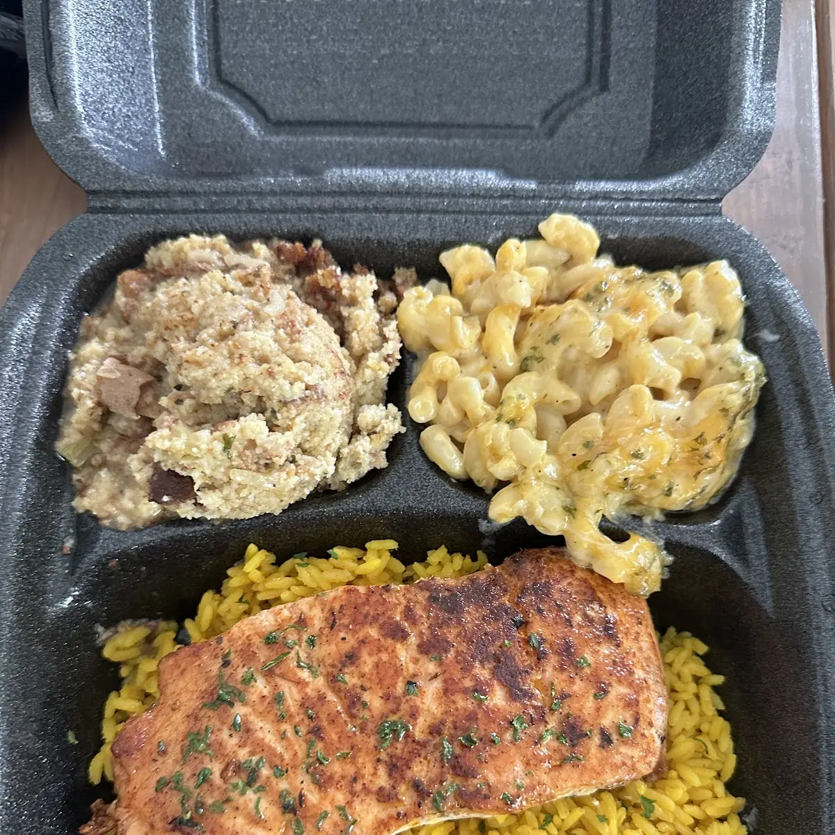 Salmon over Yellow Rice with Mac N Cheese and Cornbread Dressing