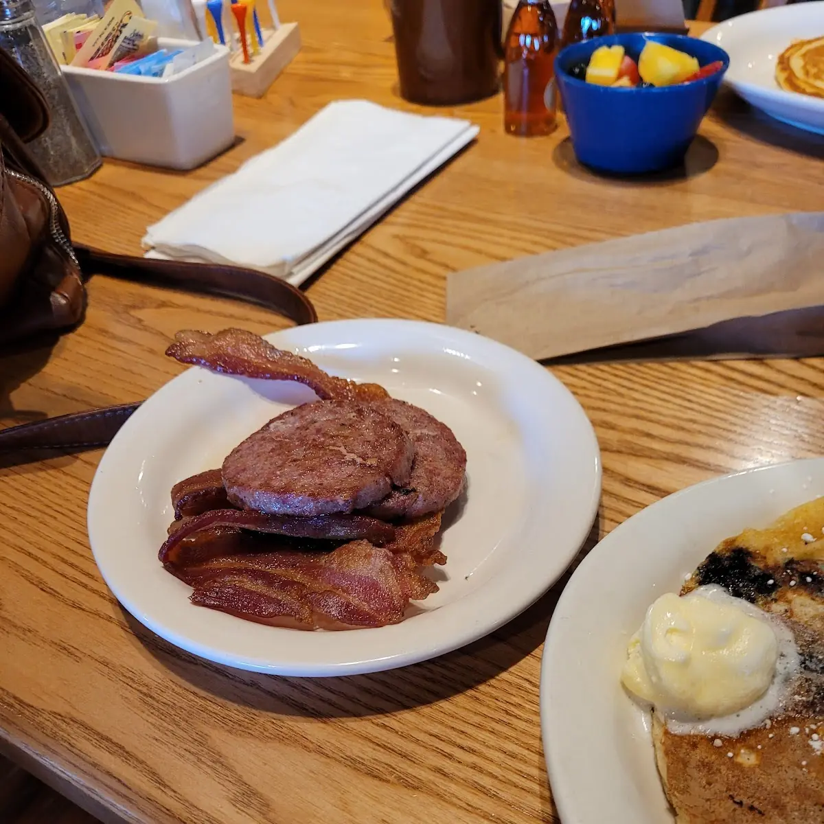 Eggs Bacon and Blueberry Pancakes
