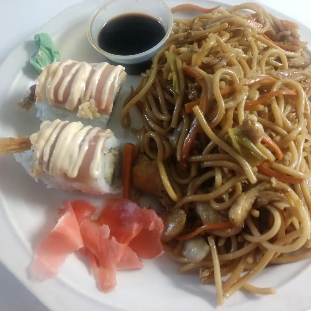 Chicken Lo Mein Tempura Shrimp Roll