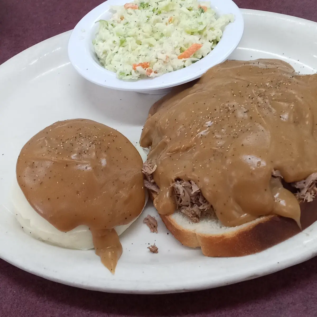 Open Faced Roast Beef Mashed Potatoes and Cole Slaw