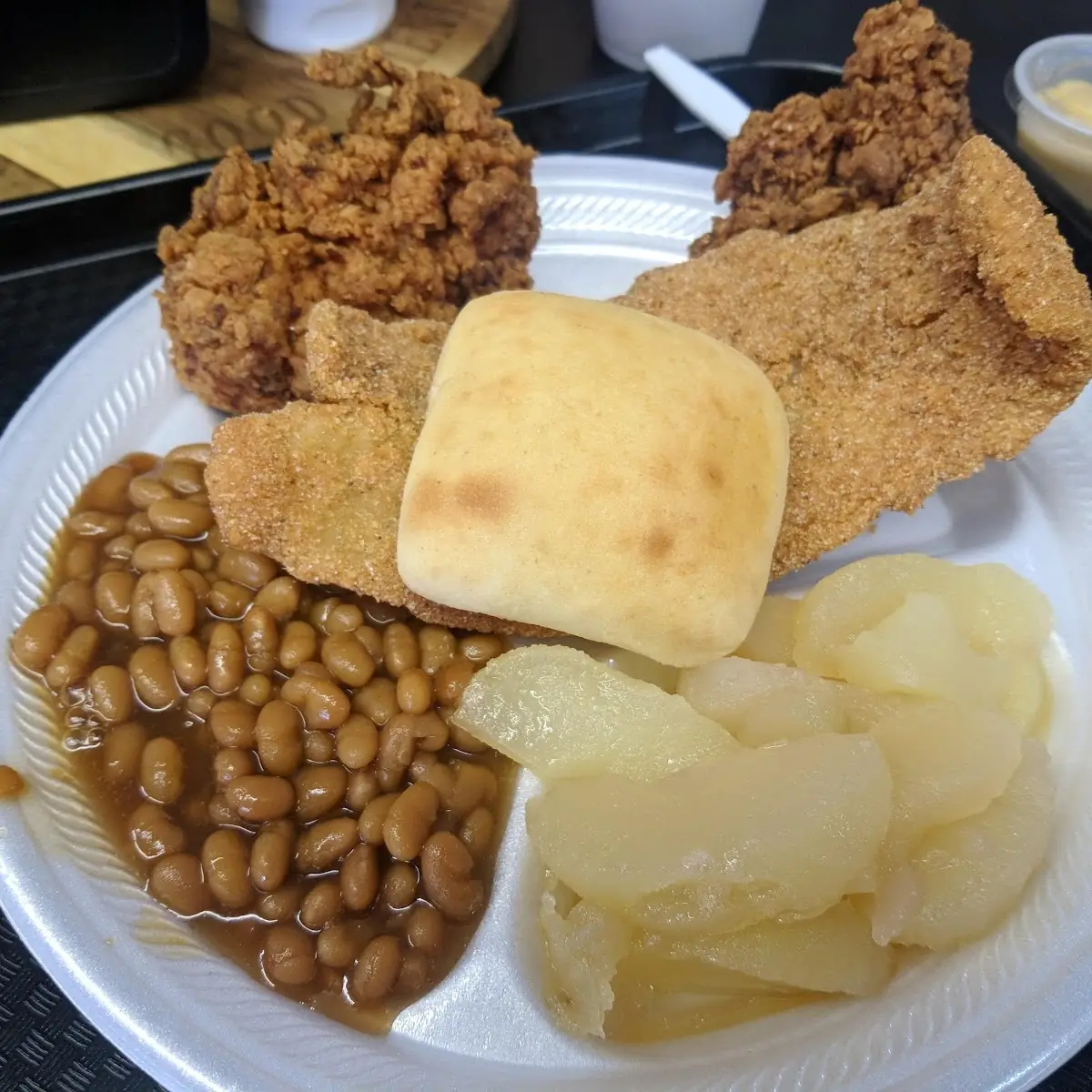 Chicken Strips Catfish Mac and Cheese Apples