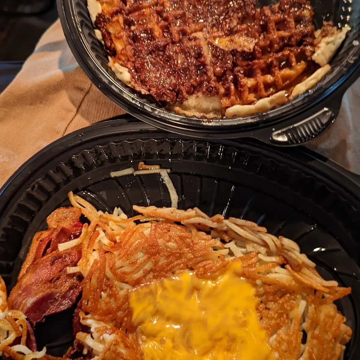 Chocolate Chip Waffle Hash Browns and Bacon