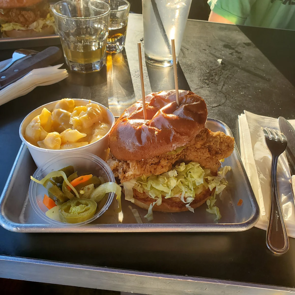 Fried Chichen Burger with Mac and Cheese Peppers on the Side