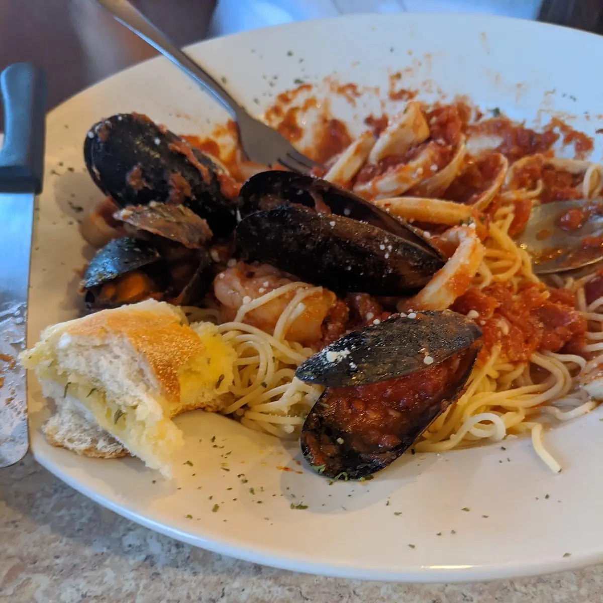 Seafood Angel Hair Pasta and Garlic Bread
