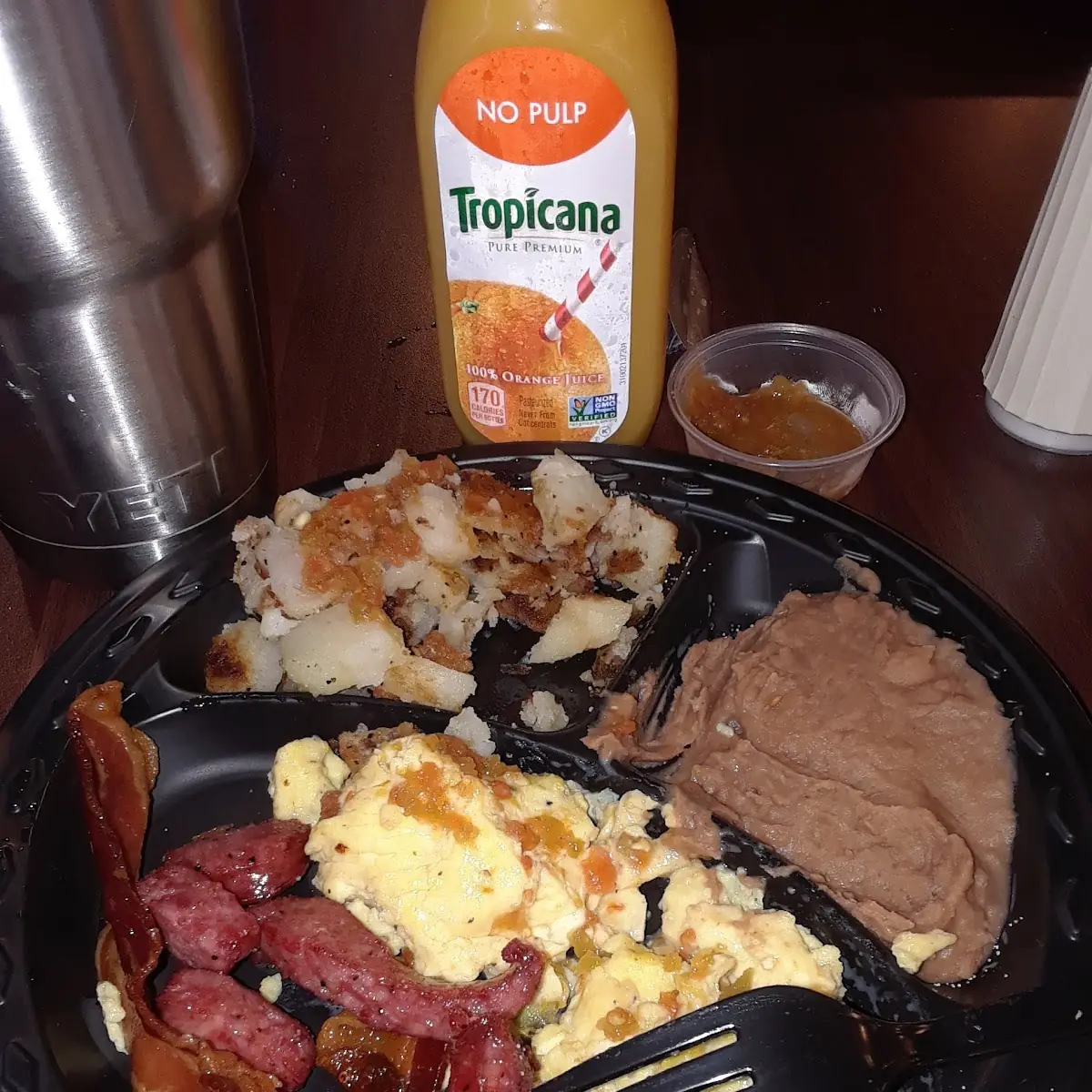 Sausage Bacon Eggs Hashbrowns and Beans