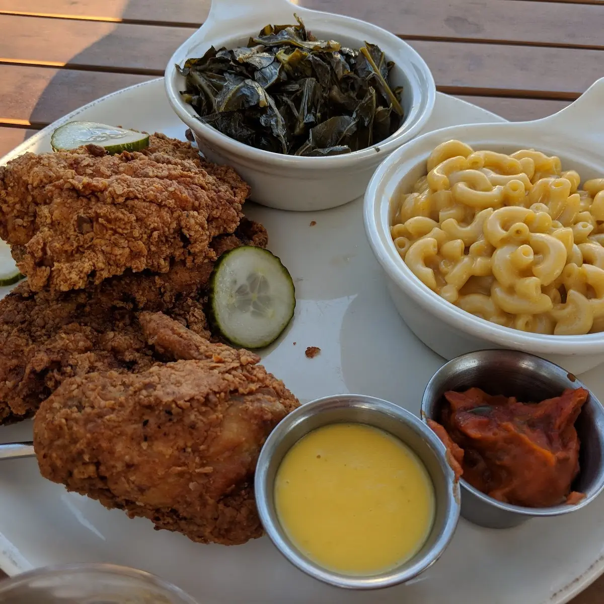 Fried Chicken Greens Mac and Cornbread