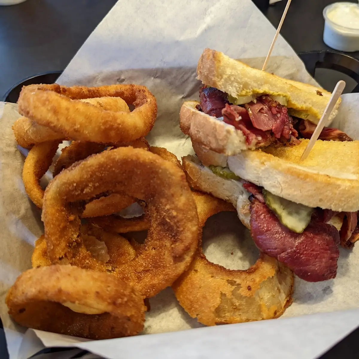 Pastrami Sandwich & Onion Rings