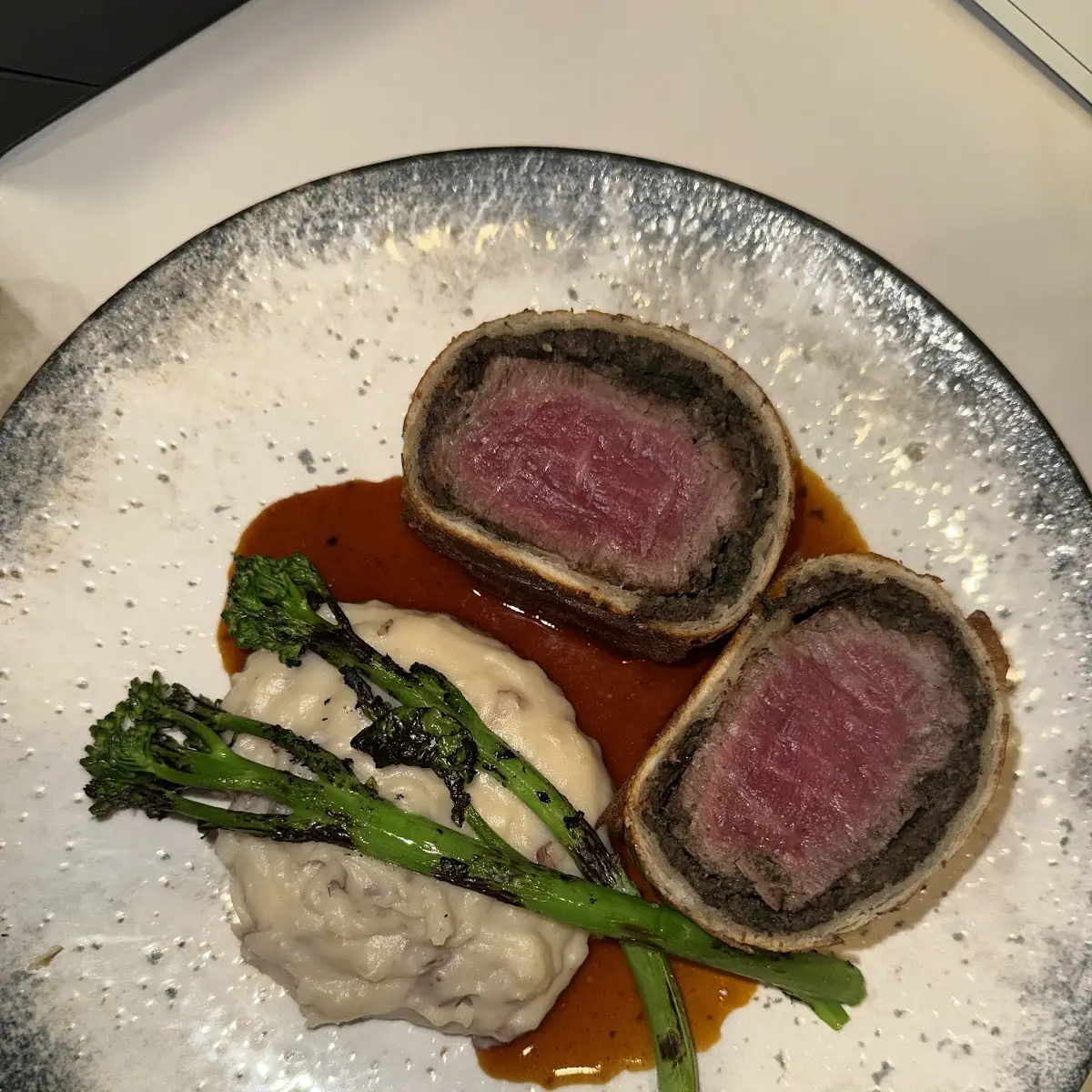Beef Wellington with Mashed Potatoes and Broccolini